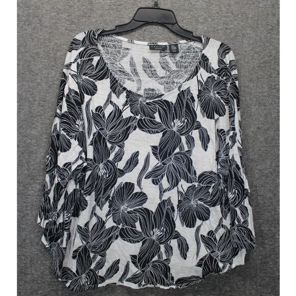 Tahari Linen Top 2X Floral White Black 3/4 Sleeve Popover - Picture 1 of 4